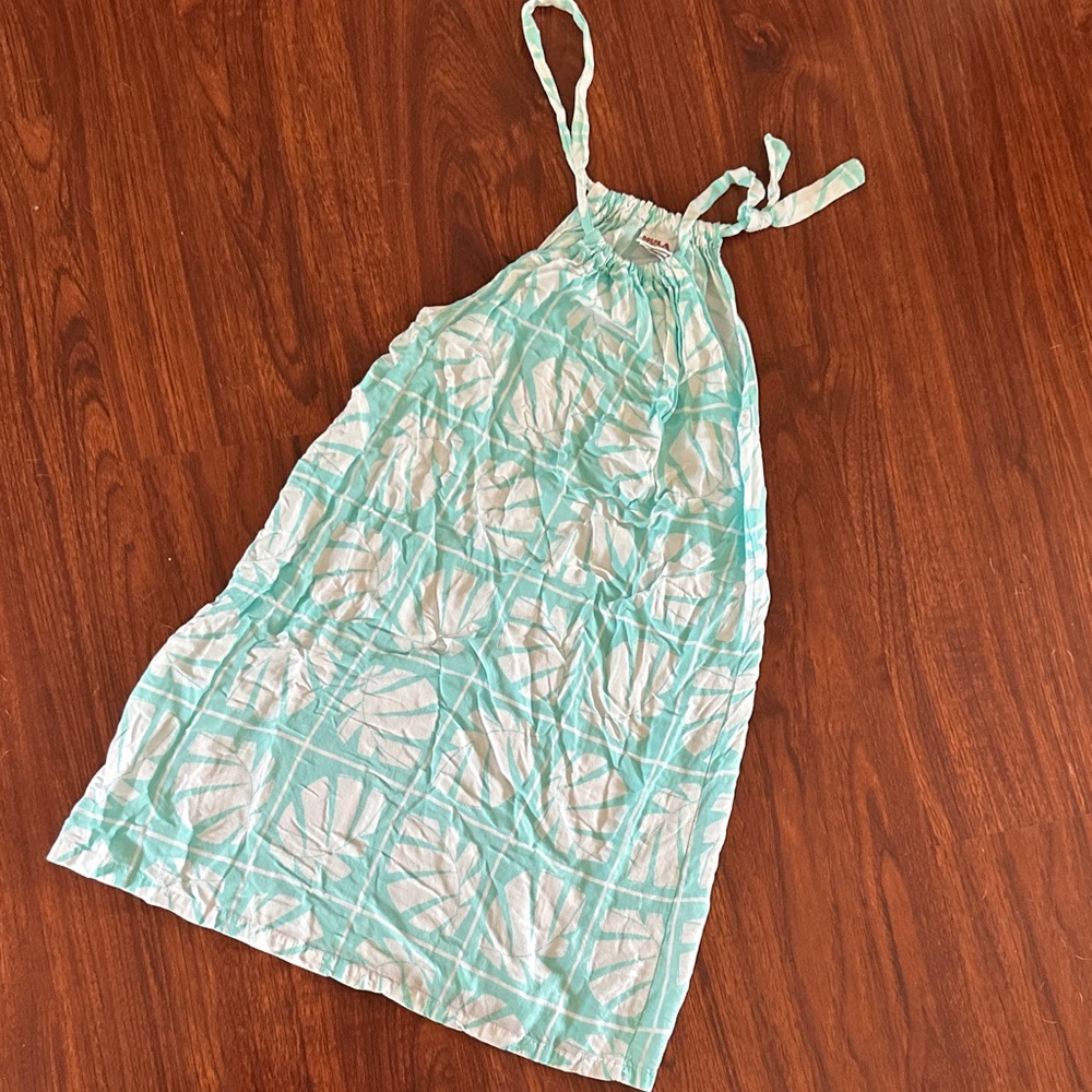 Hula bay Aqua and White Leaf Print sleeveless w adj tie Dress size medium